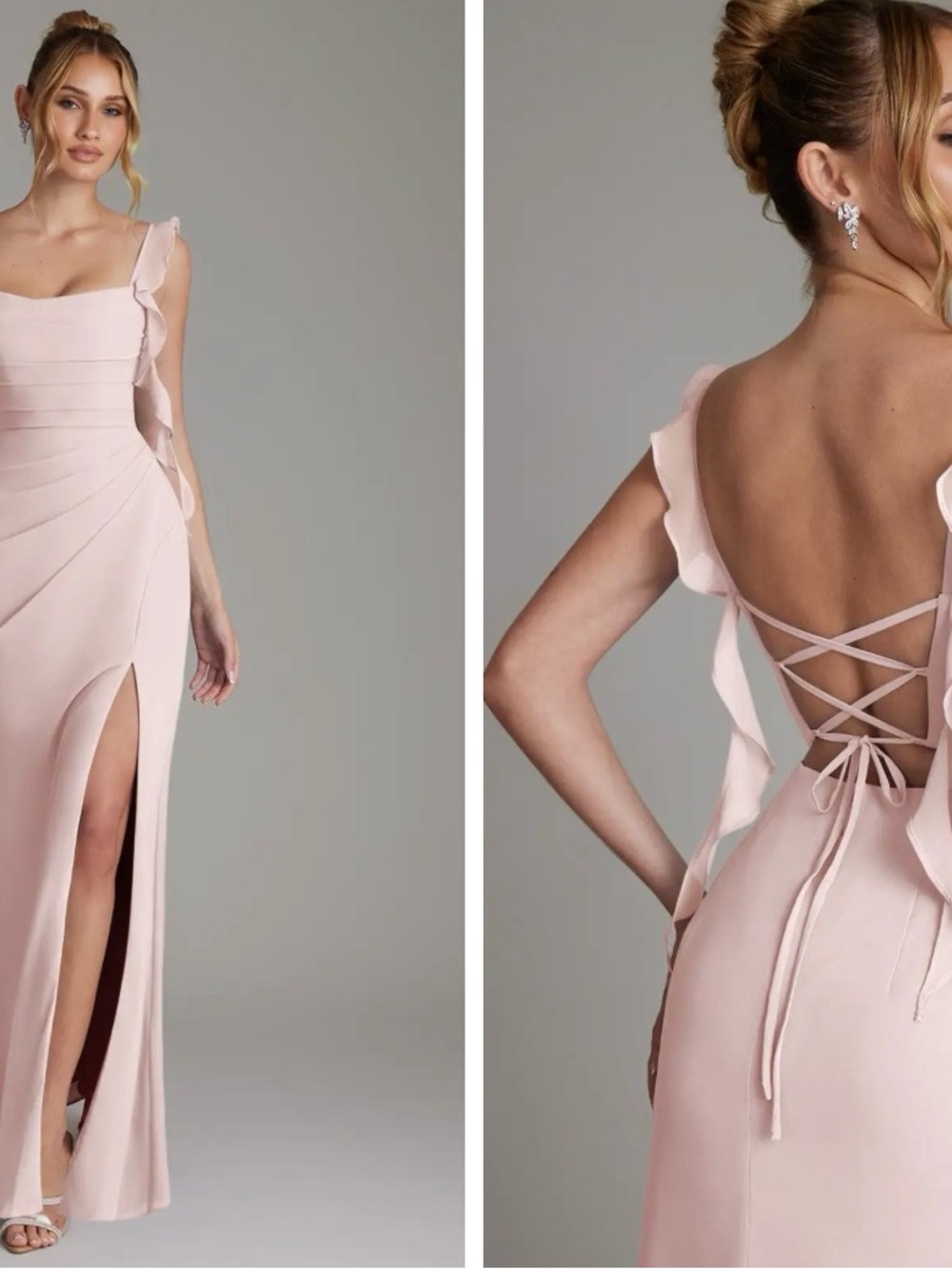 Azazie Pale Pink Ruffle-Shoulder Backless Gown